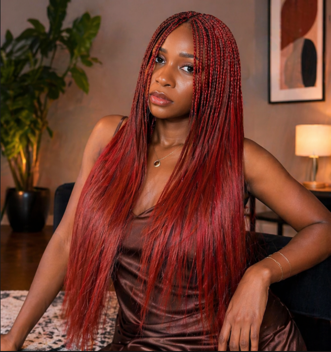 Red Hybrid Sew-In with Braids (Frontal Braided Sew-In) – Long Sleek Straight Hair Install for Natural & Protective Styling