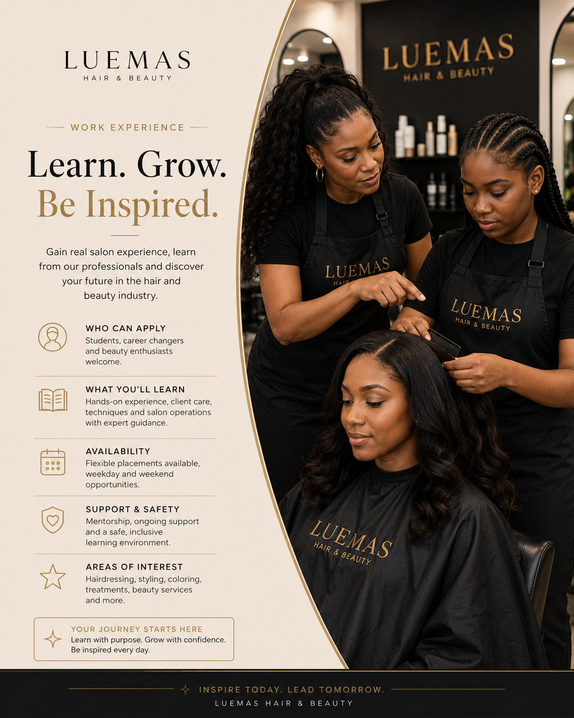 Students learning professional hair and beauty skills at Luemas